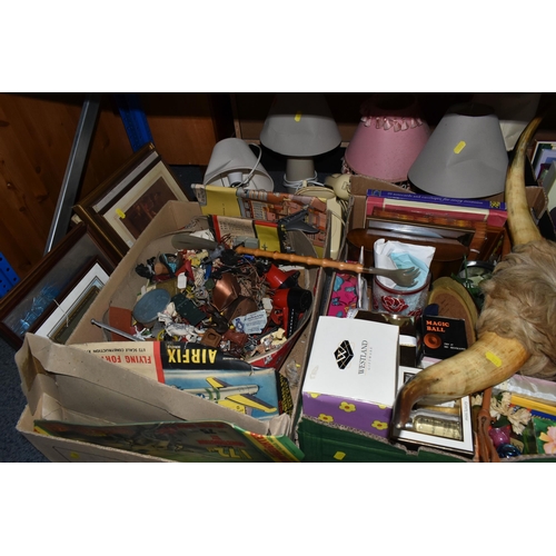 573 - SIX BOXES AND LOOSE TOYS, CATTLE HORNS AND SUNDRY HOMEWARES, to include a set of cattle horns with h... 