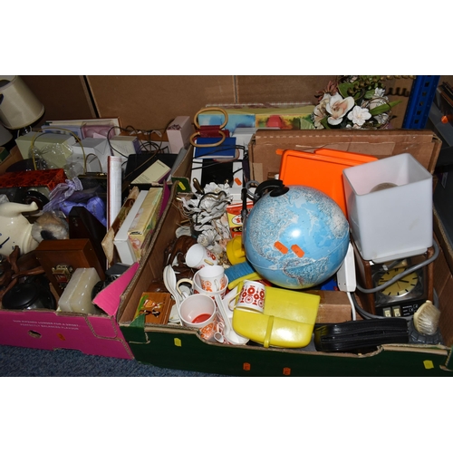 573 - SIX BOXES AND LOOSE TOYS, CATTLE HORNS AND SUNDRY HOMEWARES, to include a set of cattle horns with h... 