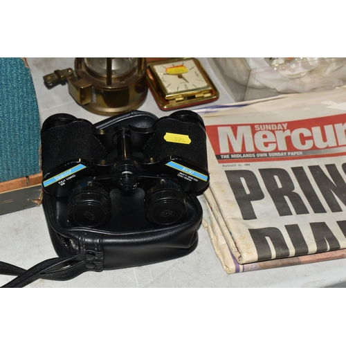 574 - A GROUP OF SUNDRY ITEMS, to include a brass Protector Lamp & Lighting Co Ltd, Eccles miners lamp, a ... 