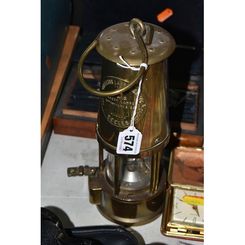 574 - A GROUP OF SUNDRY ITEMS, to include a brass Protector Lamp & Lighting Co Ltd, Eccles miners lamp, a ... 