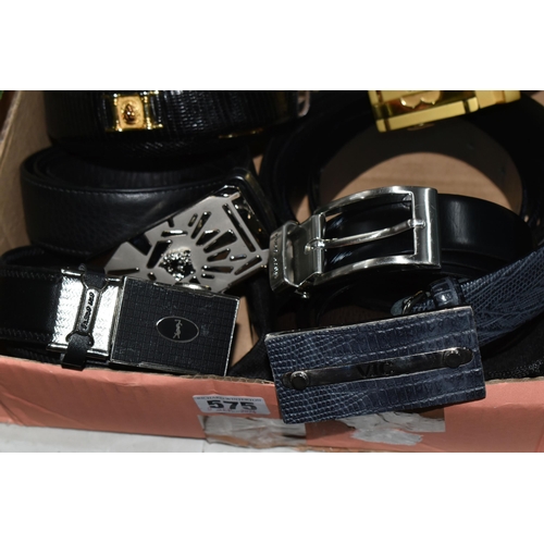 575 - A BOX OF LEATHER BELTS, nine mainly black leather belts, sizes vary, approximate size M (1 box) (sd)