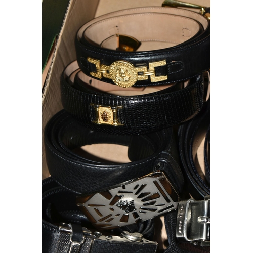 575 - A BOX OF LEATHER BELTS, nine mainly black leather belts, sizes vary, approximate size M (1 box) (sd)