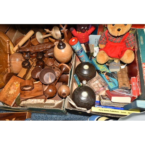 577 - FIVE BOXES AND LOOSE TREEN, TOYS AND GAMES, CDS AND SUNDRY ITEMS, to include a box of turned wooden ... 