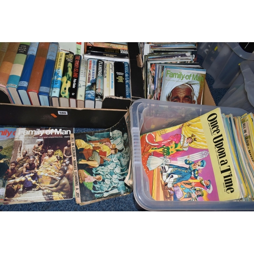 580 - FIVE BOXES OF BOOKS AND MAGAZINES, to include fifty books including fiction, gardening, wildlife, mu... 