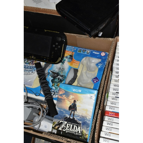 586 - FOUR BOXES OF  NINTENDO WII U AND WII CONSOLES AND GAMES, Wii U is American and comes with the game ... 