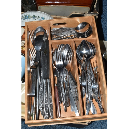 587 - FIVE BOXES AND LOOSE CERAMIC DINNER WARE, KITCHEN WARE AND CUTLERY, to include Viners mid twentieth ... 