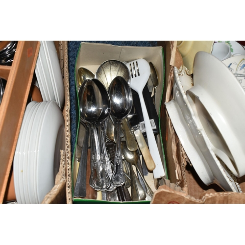 587 - FIVE BOXES AND LOOSE CERAMIC DINNER WARE, KITCHEN WARE AND CUTLERY, to include Viners mid twentieth ... 