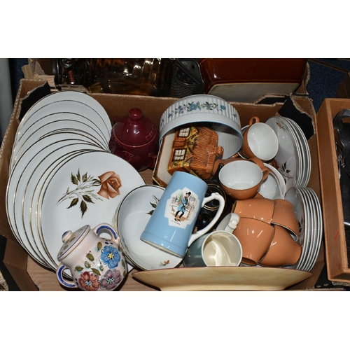 587 - FIVE BOXES AND LOOSE CERAMIC DINNER WARE, KITCHEN WARE AND CUTLERY, to include Viners mid twentieth ... 