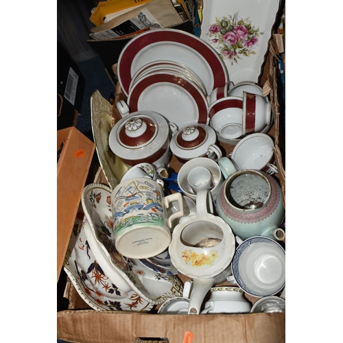 587 - FIVE BOXES AND LOOSE CERAMIC DINNER WARE, KITCHEN WARE AND CUTLERY, to include Viners mid twentieth ... 