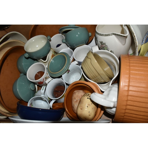 587 - FIVE BOXES AND LOOSE CERAMIC DINNER WARE, KITCHEN WARE AND CUTLERY, to include Viners mid twentieth ... 