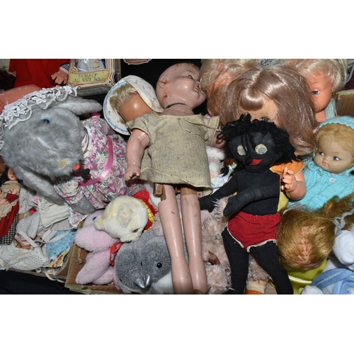 588 - FIVE BOXES AND LOOSE DOLLS, to include composition, cloth, knitted and plastic dolls, souvenir dolls... 