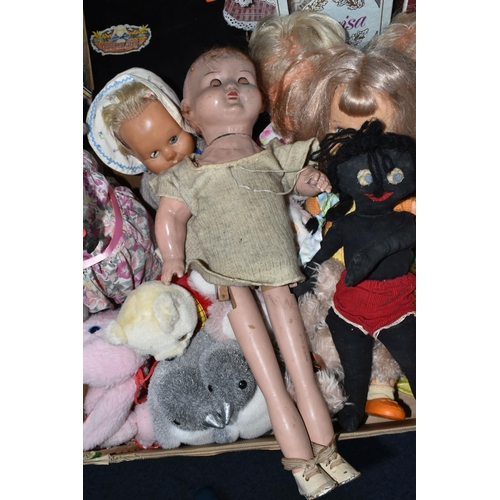 588 - FIVE BOXES AND LOOSE DOLLS, to include composition, cloth, knitted and plastic dolls, souvenir dolls... 