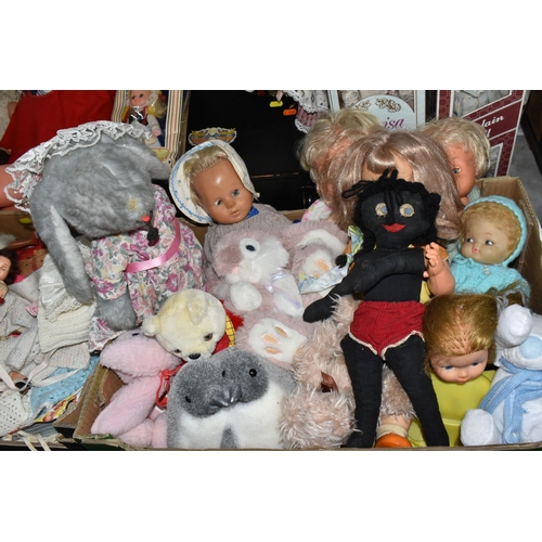 588 - FIVE BOXES AND LOOSE DOLLS, to include composition, cloth, knitted and plastic dolls, souvenir dolls... 