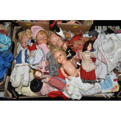 588 - FIVE BOXES AND LOOSE DOLLS, to include composition, cloth, knitted and plastic dolls, souvenir dolls... 