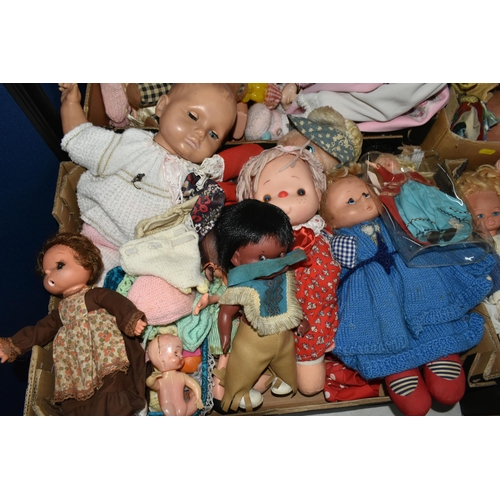 588 - FIVE BOXES AND LOOSE DOLLS, to include composition, cloth, knitted and plastic dolls, souvenir dolls... 