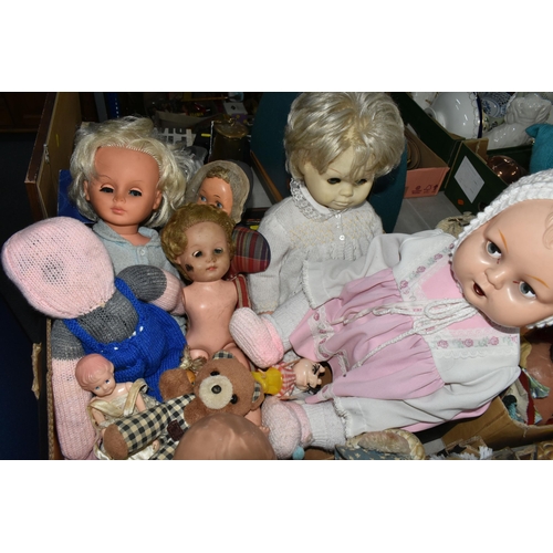 588 - FIVE BOXES AND LOOSE DOLLS, to include composition, cloth, knitted and plastic dolls, souvenir dolls... 