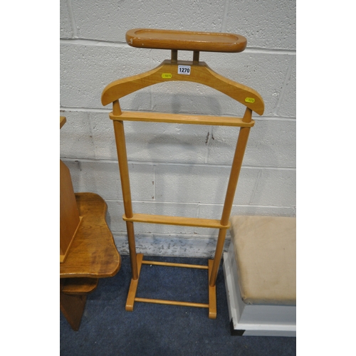 1323 - A BEECH VALET STAND, with a cuff link tray, height 115cm, a white painted storage stool, a live edge... 