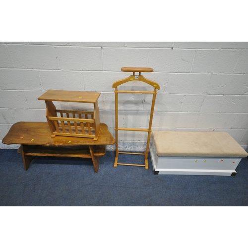 1323 - A BEECH VALET STAND, with a cuff link tray, height 115cm, a white painted storage stool, a live edge... 