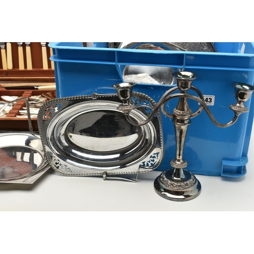 143 - A LARGE BOX OF ASSORTED WHITE METAL AND COMPACTS, to include a selection of trays, candle sticks, li... 