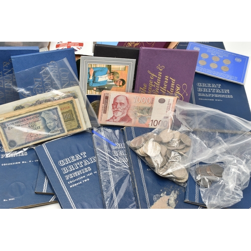 144 - A BOX OF ASSORTED MIXED COINS AND BANKNOTES, to include various year sets x17 1970-1981, mixed Briti... 