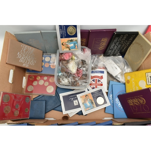 144 - A BOX OF ASSORTED MIXED COINS AND BANKNOTES, to include various year sets x17 1970-1981, mixed Briti... 