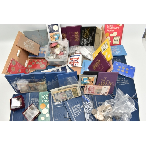 144 - A BOX OF ASSORTED MIXED COINS AND BANKNOTES, to include various year sets x17 1970-1981, mixed Briti... 