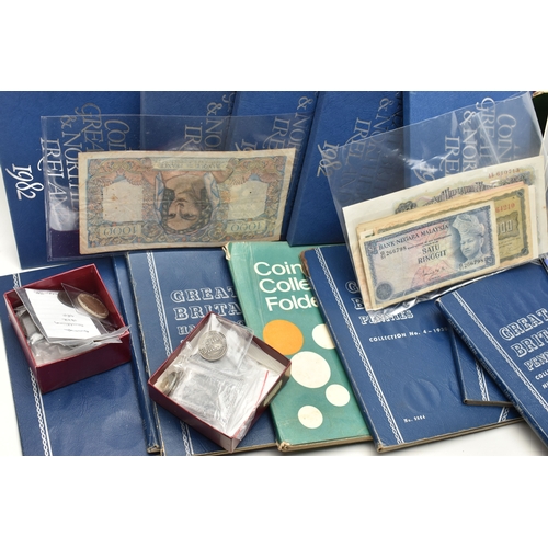 144 - A BOX OF ASSORTED MIXED COINS AND BANKNOTES, to include various year sets x17 1970-1981, mixed Briti... 