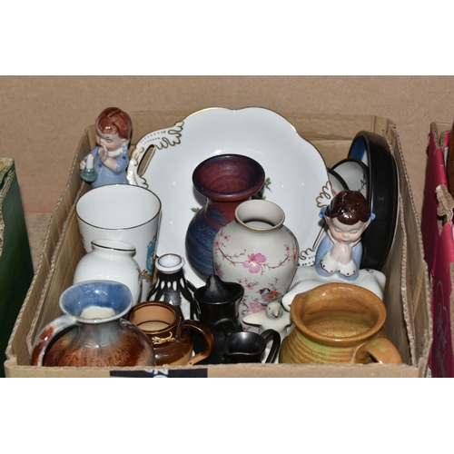 329 - THREE BOXES OF CERAMICS AND STUDIO POTTERY, to include a collection of thirteen Wedgwood blue Jasper... 