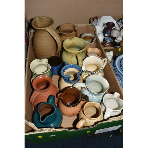 329 - THREE BOXES OF CERAMICS AND STUDIO POTTERY, to include a collection of thirteen Wedgwood blue Jasper... 