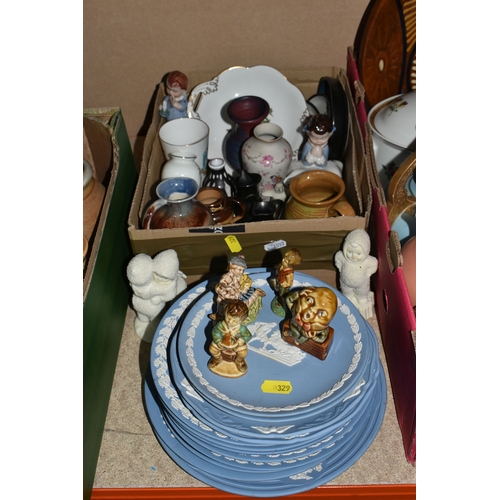 329 - THREE BOXES OF CERAMICS AND STUDIO POTTERY, to include a collection of thirteen Wedgwood blue Jasper... 