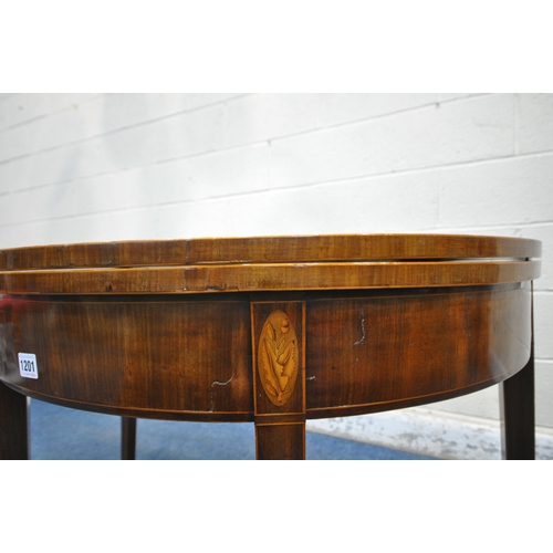 1201 - A GEORGIAN MAHOGANY DEMI-LUNE TEA TABLE, with a fold over top, foliate inlay, raised on square taper... 