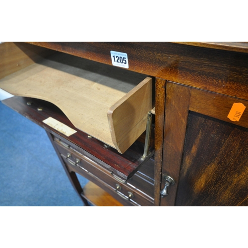 1205 - AN EARLY 20TH CENTURY MAHOGANY MUSIC CABINET, with five drawers and a single cupboard door, a wavy a... 