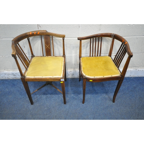 1213 - TWO EDWARDIAN MAHOGANY CORNER CHAIRS, with curved back rest, one with turned supports, raised on squ... 