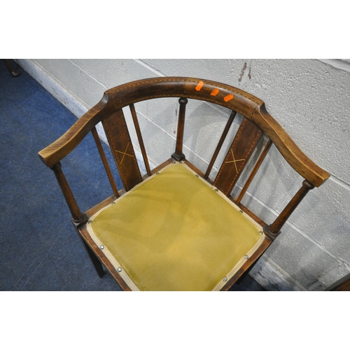 1213 - TWO EDWARDIAN MAHOGANY CORNER CHAIRS, with curved back rest, one with turned supports, raised on squ... 