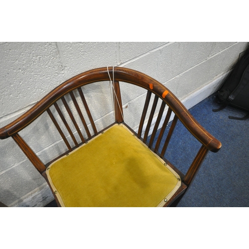 1213 - TWO EDWARDIAN MAHOGANY CORNER CHAIRS, with curved back rest, one with turned supports, raised on squ... 