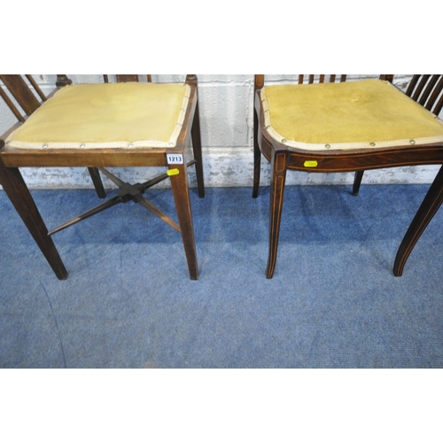 1213 - TWO EDWARDIAN MAHOGANY CORNER CHAIRS, with curved back rest, one with turned supports, raised on squ... 