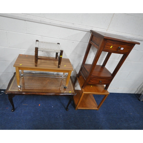 1215 - A HARDWOOD TWO TIER LAMP TABLE, with two drawers, a mahogany coffee table, a rolling table, a stool,... 