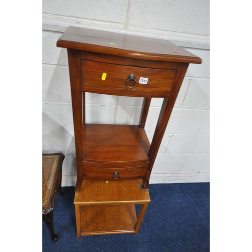 1215 - A HARDWOOD TWO TIER LAMP TABLE, with two drawers, a mahogany coffee table, a rolling table, a stool,... 