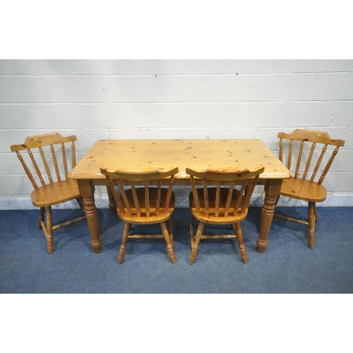 1220 - A MODERN PINE RECTANGULAR KITCHEN TABLE, raised on turned legs, length 152cm x depth 77cm x height 7... 