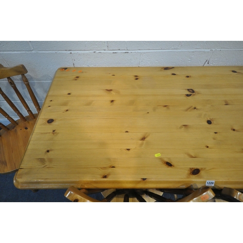 1220 - A MODERN PINE RECTANGULAR KITCHEN TABLE, raised on turned legs, length 152cm x depth 77cm x height 7... 