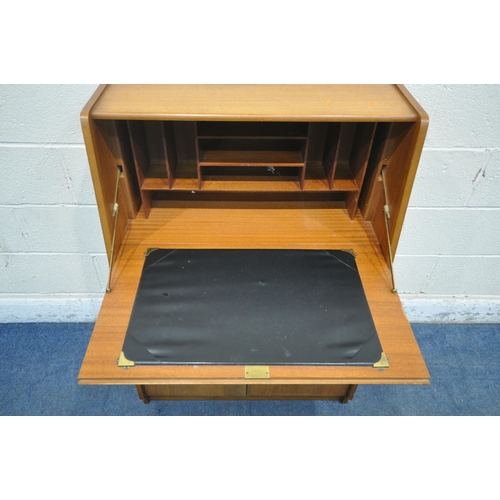 1230 - REMPLOY, A MID CENTURY TEAK BUREAU, the fall front door enclosing a fitted interior, above two drawe... 