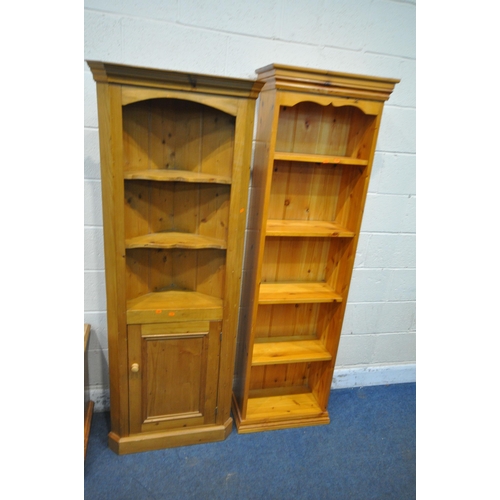 1232 - A TALL SLIM PINE BOOCKASE, with four shelves, width 58cm x depth 30cm x height 184cm, a corner cupbo... 