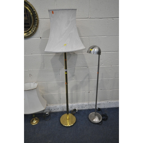 1234 - A BRASS TUBULAR STANDARD LAMP, another standard lamp, three table lamps, two circular pressed brass ... 