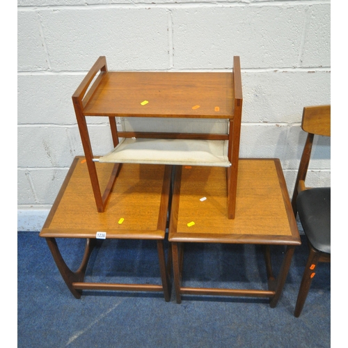 1236 - A PAIR OF G PLAN TEAK LAMP TABLES, a smaller occasional table with a fabric undershelf, a G plan cha... 