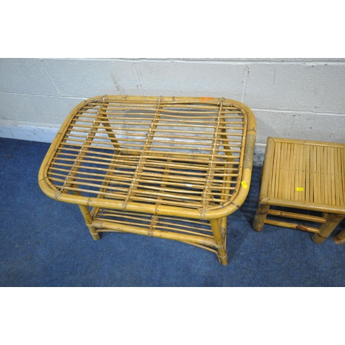 1237 - A PAIR OF RATTAN ARMCHAIRS, width 64cm x depth 70cm x height 77cm, a coffee table, along with two oc... 