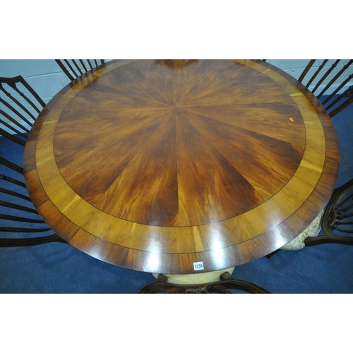 1238 - POSSIBLY REPRODUX, A LARGE CIRCULAR MAHOGANY TABLE, with yew wood inlay, raised on a single pedestal... 