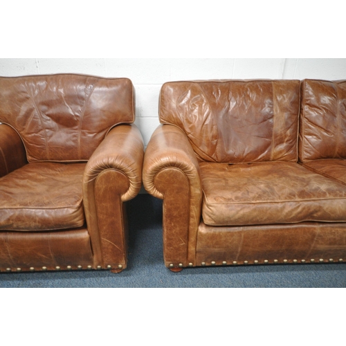 1246 - A WADE UPHOLSTERY BROWN LEATHER TWO PIECE LOUNGE SUITE, comprising a two seater settee, length 198cm... 