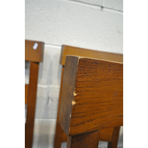 1250 - A SET OF SIX OAK DINING CHAIRS, with black leather seats (condition report: marks, scuffs, a couple ... 