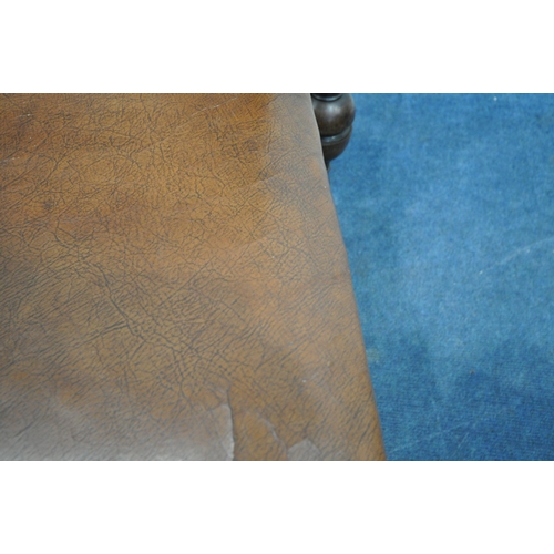 1254 - A SET OF SIX 20TH CENTURY OAK DINING CHAIRS, with tanned leather upholstery (condition report: crack... 