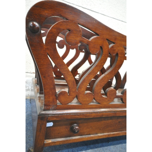 1255 - AN EARLY 20TH CENTURY MAHOGANY CANTERBURY, with scrolled details, and a single drawer to one side, r... 